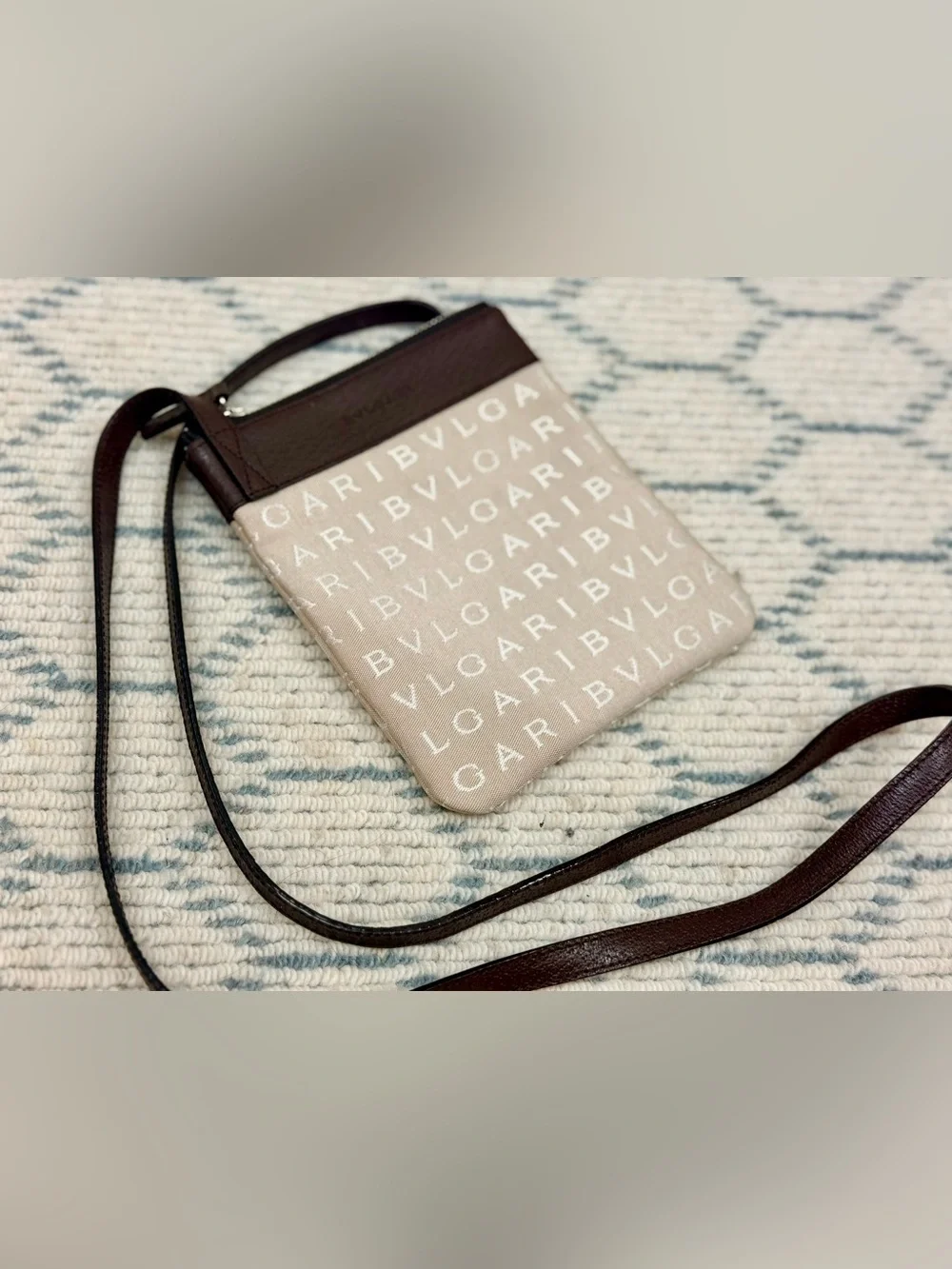 BVLGARI Unisex Rare Logomania Beige Leather Canvas Flat Pouch Crossbody Bag
